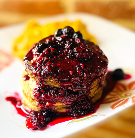 Oatmeal Pancakes with Fresh Mixed Berry Compote